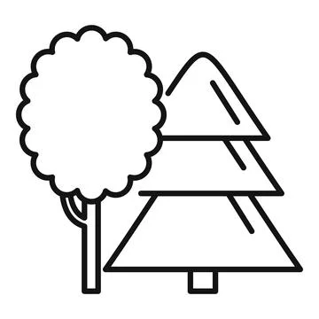 Pine tree and deciduous tree growing side by side line art icon Stock Illustration