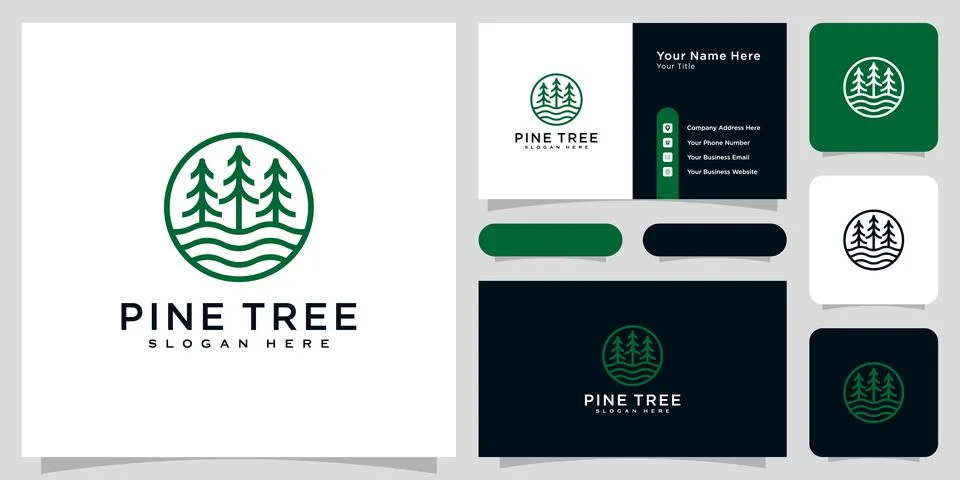 Pine tree and river logo vector and business card Stock Illustration