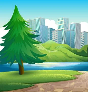A pine tree beside the river across the tall buildings Stock Illustration