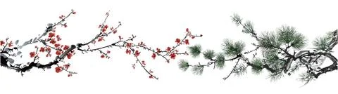 Pine tree &amp; blossom Stock Illustration