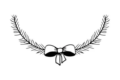 Pine tree branch border with bow in doodle style isolated on white background 스톡 일러스트