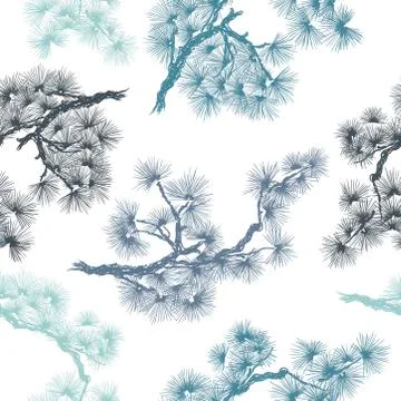 Pine tree branch seamless pattern, hand drawn vintage style. Vector Illustrazione stock