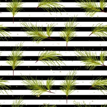 Pine tree branches on black striped background pattern. Stock Illustration