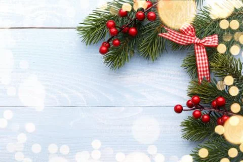Pine tree branches with red holly berries Stock Photos