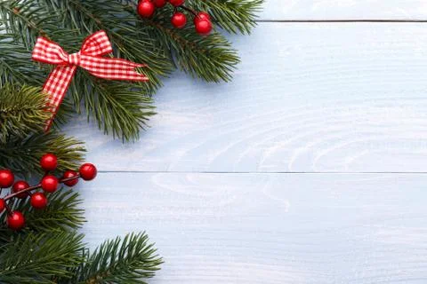 Pine tree branches with red holly berries Stock Photos
