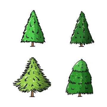 Pine Tree Cartoon Icons Collection. Hand drawn style with outline. isolated.. Stockillustratie