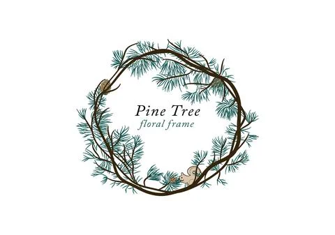 Pine tree circle frame banner template Stock Illustration