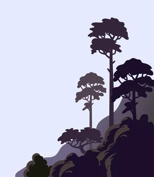 Pine tree on a cliff, rocky shore with tall trees. Vector illustration in flat Stock Illustration