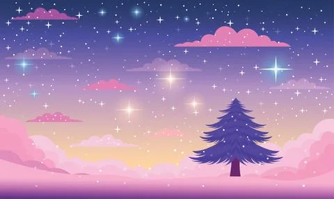 Pine Tree in Clouds Landscape with Beautiful Majestic Sky Panoramic with Tw.. Stock Illustration