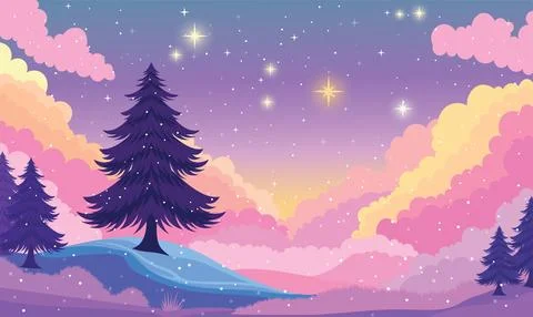 Pine Tree in Clouds Landscape with Beautiful Majestic Sky Panoramic with Tw.. 스톡 일러스트