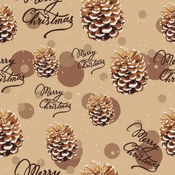 Pine tree cone and merry christmas text, seamless pattern. Stock Illustration