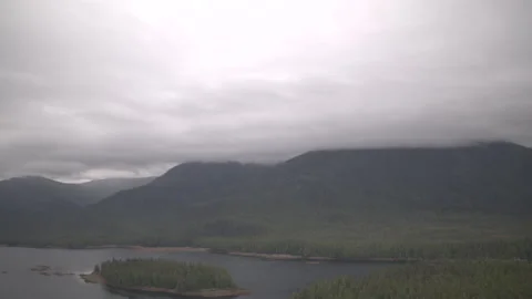Pine Tree Covered Mountains with Fog Over Lake drone Stock Footage 255144371