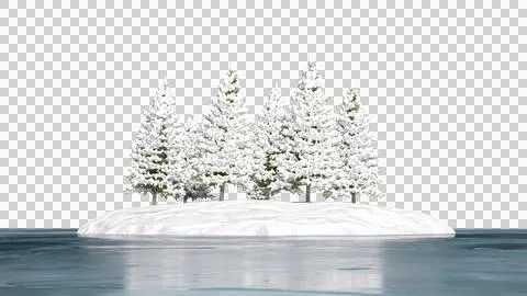 Pine tree covered in snow on small island surrounded by frozen lake Stock Photos