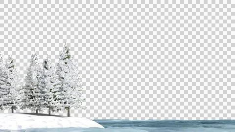 Pine tree covered in snow on small island surrounded by frozen lake Stock Photos