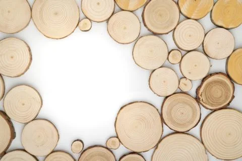 Pine tree cross-sections with annual rings on white background. Lumber piece Stock Photos