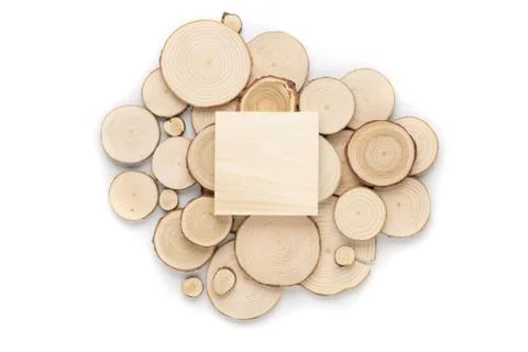 Pine tree cross-sections with annual rings and wooden square on white background 스톡 사진