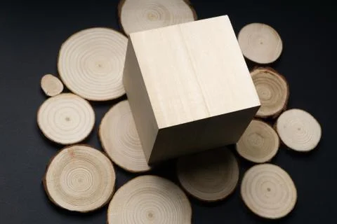 Pine tree cross-sections with annual rings and wooden cube on black surface Stock Photos