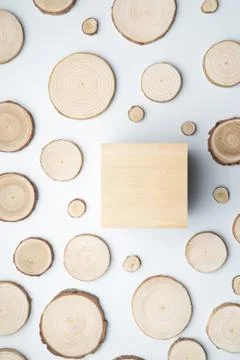 Pine tree cross-sections with annual rings and wooden square on white background Stock Photos