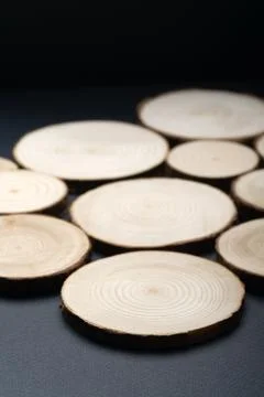 Pine tree cross-sections with annual rings on plane black surface. Lumber piece Stock Photos