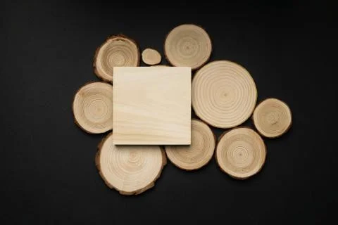 Pine tree cross-sections with annual rings and wooden square on black background Stock Photos