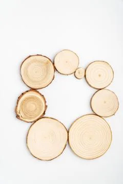 Pine tree cross-sections with annual rings on white background. Lumber piece Stock Photos