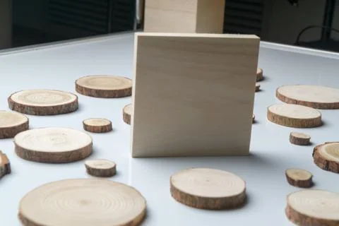 Pine tree cross-sections with annual rings and wooden square on white surface Stock Photos