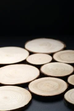 Pine tree cross-sections with annual rings on plane black surface. Lumber piece Stock Photos