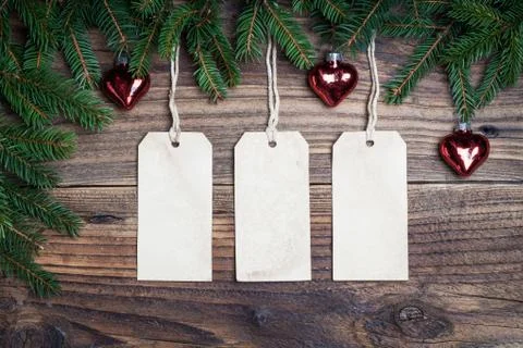 Pine tree with empty label on old wooden background Stock Photos