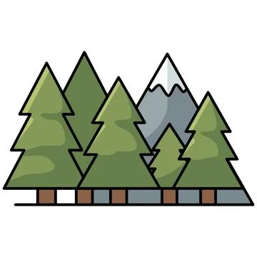 Pine tree forest and snow capped mountain flat outline Ilustração Stock