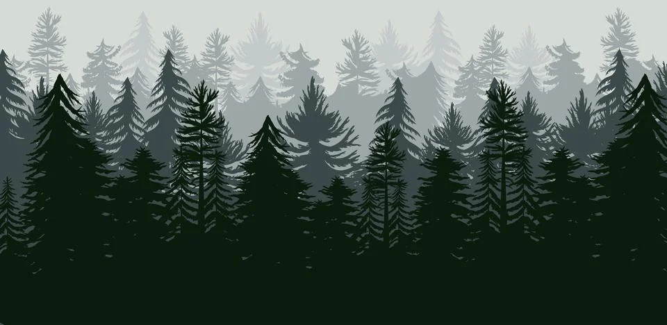 Pine tree forest, evergreen background. Christmas firs, snow white winter bac Illustrazione stock