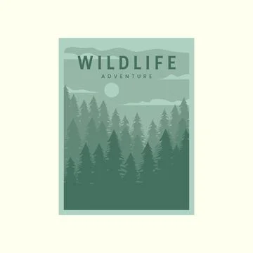 Pine tree forest modern poster art illustration design, wildlife landscape po Illustrazione stock