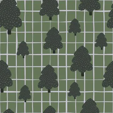 Pine tree forest seamless pattern in vintage style. Hand drawn Christmas tree Stock Illustration