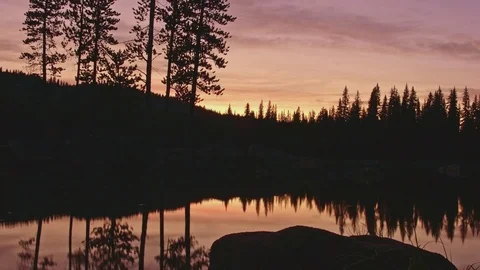 Pine tree forest silhouette and lake reflections at dusk sunset Anthony Lake in Video stock 81844218