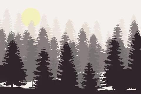 Pine Tree Forest Silhouette Isolated On White Background Stock Photos