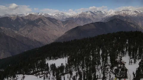 Pine tree forest in snow covered mountain. Himalayan mountain range Stock Footage 157902975