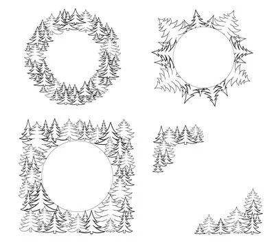 Pine tree graphic line round circle frame set. Vector templates for greeting Illustrazione stock