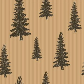 Pine tree hand drawn sketch retro, vintage Seamless Pattern. Vector Illustrat Stock Illustration