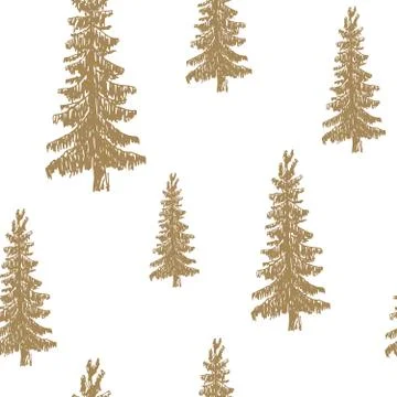Pine tree hand drawn sketch retro, vintage Seamless Pattern. Vector Illustrat Stock Illustration