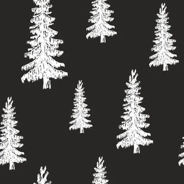Pine tree hand drawn sketch retro, vintage Seamless Pattern. Vector Illustrat Stock Illustration