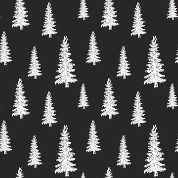 Pine tree hand drawn sketch retro, vintage Seamless Pattern. Vector Illustrat Stock Illustration