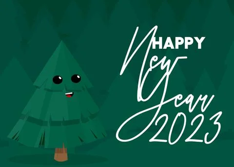 Pine Tree with Happy New Year text. Winter holiday vector cartoon illustratio Stock Illustration