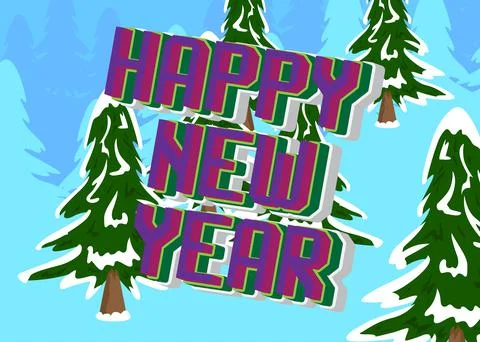 Pine Tree with Happy New Year text. Winter holiday vector cartoon illustratio Illustrazione stock