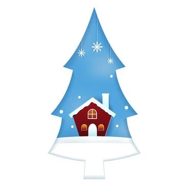 Pine Tree House Snow Winter Season Paper Cut Style Illustration 스톡 일러스트