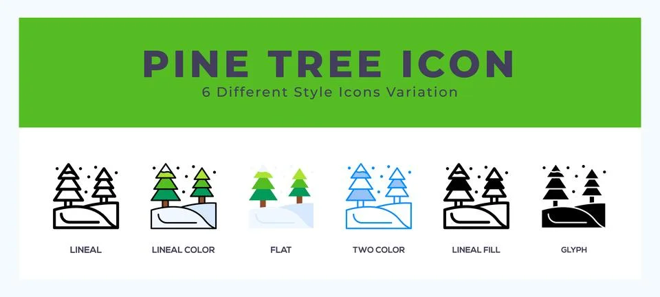 Pine tree icon set with different styles. Design elements for logo. Vector .. Illustrazione stock