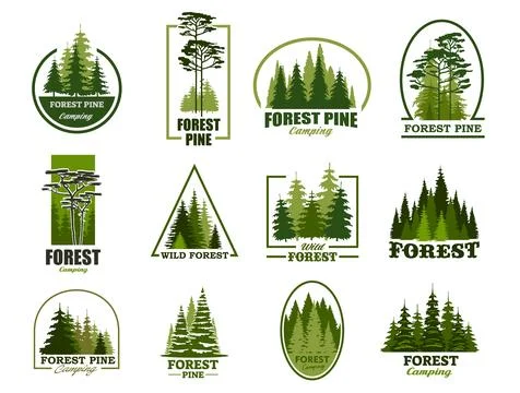 Pine tree icons, forest park and camp symbols set Stock Illustration