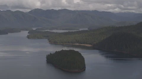 Pine tree islands in Alaskan Lake with tree topped mountains in distance Stock Footage 255318190
