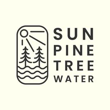 Pine tree line art logo vector emblem template illustration design. sun, wate Stock Illustration