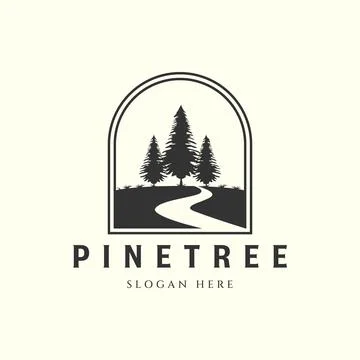 Pine tree with river vintage vector style logo and emblem template illustrati Stock Illustration