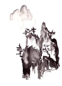 Pine tree on the rock monochrome black and white chinese style ink drawing Stock Illustration