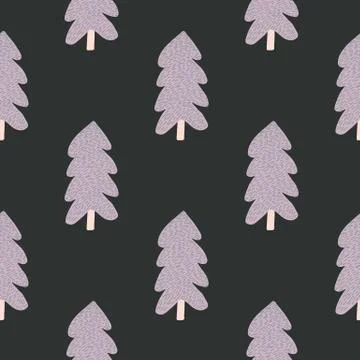 Pine tree seamless pattern on black background. Forest backdrop in doodle sty Stock Illustration